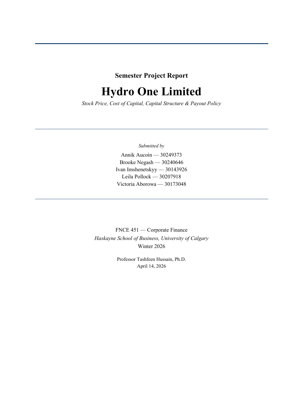 Hydro One Limited semester project report cover page