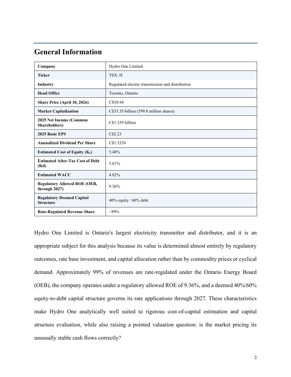 Hydro One corporate finance report page 2