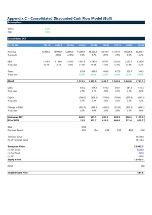 A detailed financial table titled 'Appendix C - Consolidated Discounted Cash Flow Model (Bull)' showing assumptions around WACC and TGR, with projected revenue, EBIT, taxes, and other financial metrics from 2021 to 2029, concluding with enterprise va