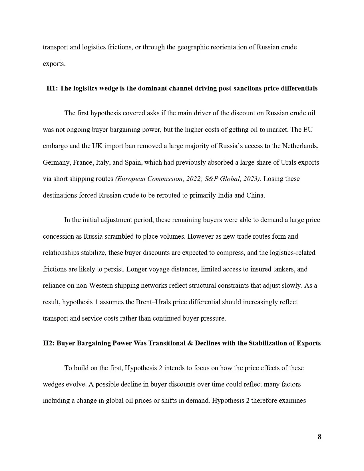 A page from a research paper or report discussing the logistics and pricing impacts on Russian crude oil exports due to geopolitical factors, including trade route changes and buyer power.