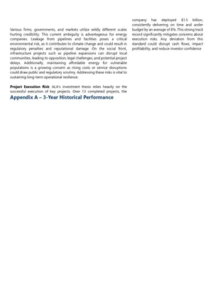 A page of a report discussing energy companies, pipeline projects, and investment performance, with a section titled 'Appendix A - 3-Year Historical Performance'.
