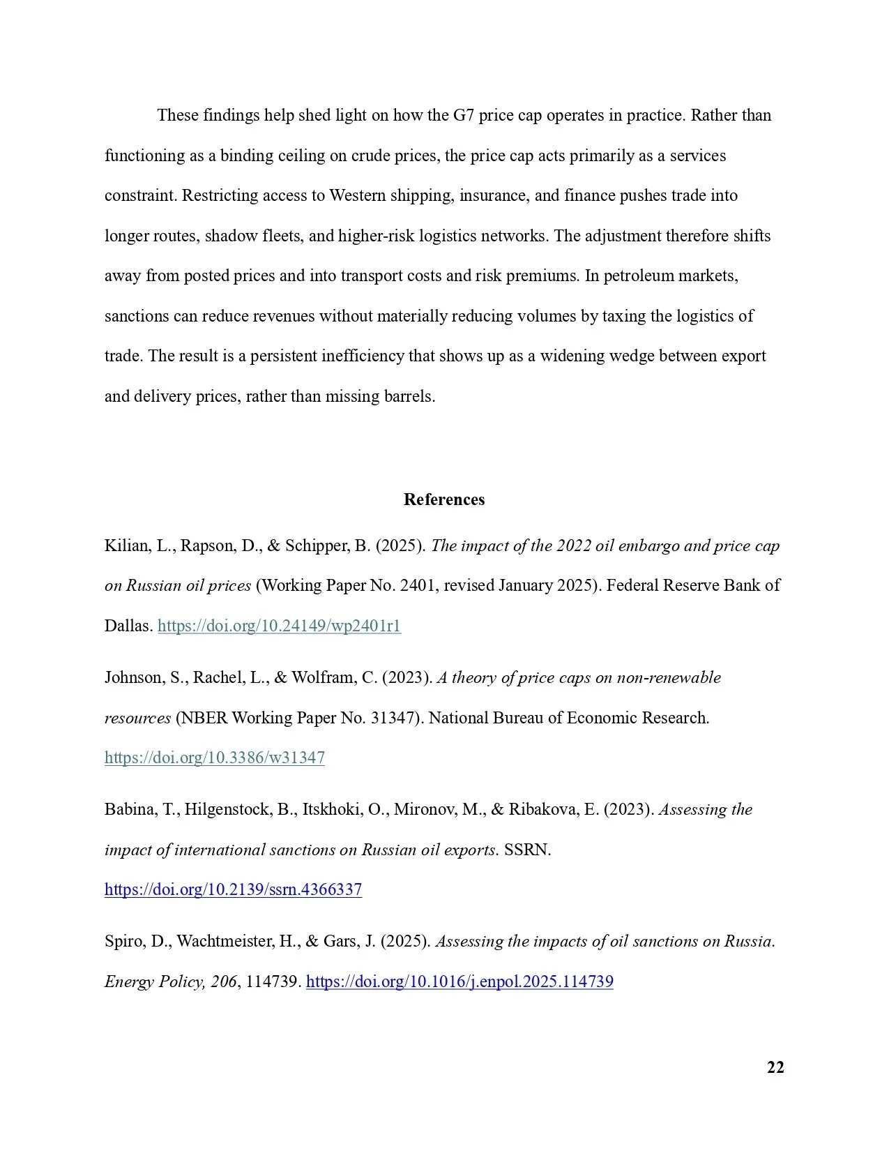 A page of a research document with references and a paragraph discussing the G7 price cap, oil embargo, sanctions on Russian oil exports, and related economic impacts.