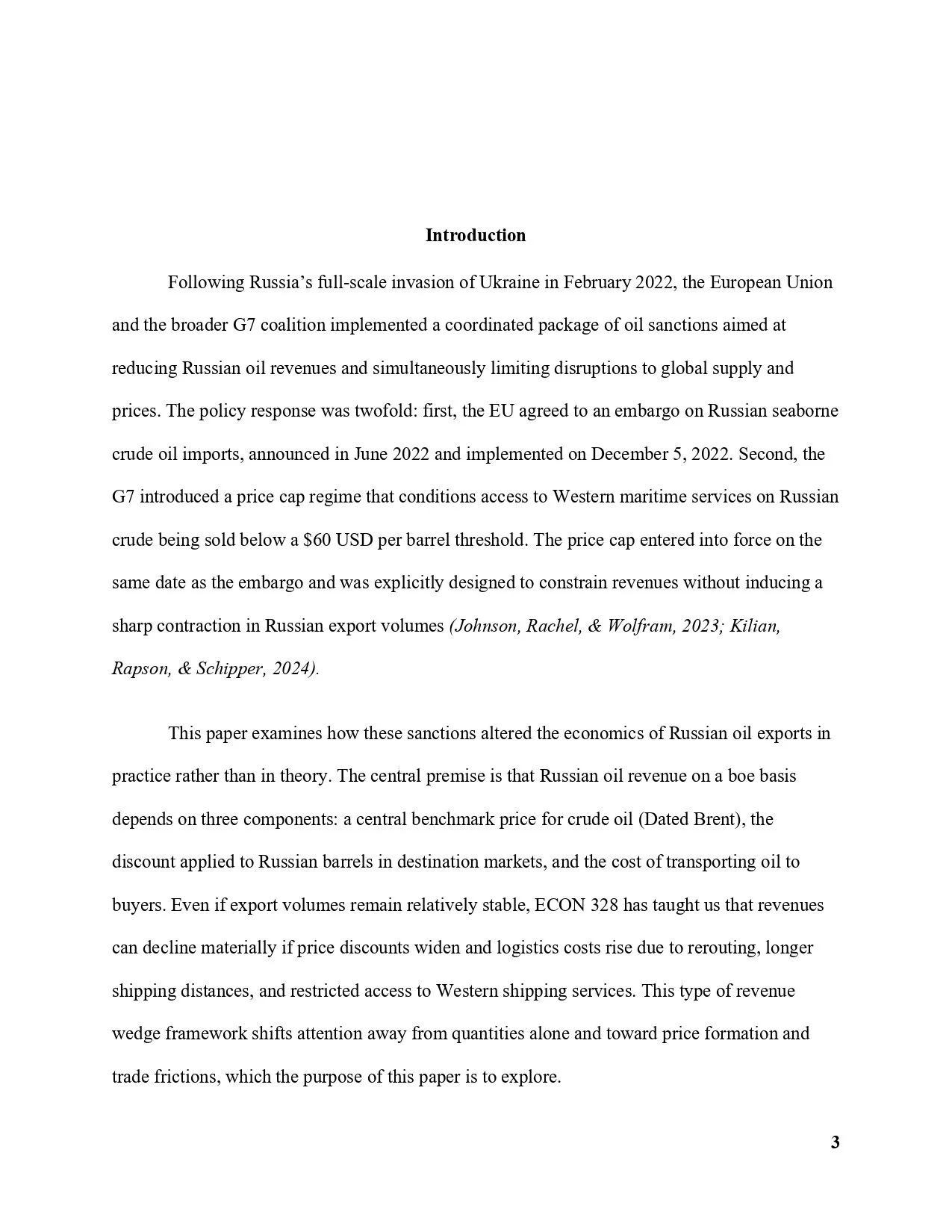 A page of an academic paper or report with the title 'Introduction' and text discussing Russia's invasion of Ukraine, EU sanctions, G7 price cap regime, and Russian oil revenue.