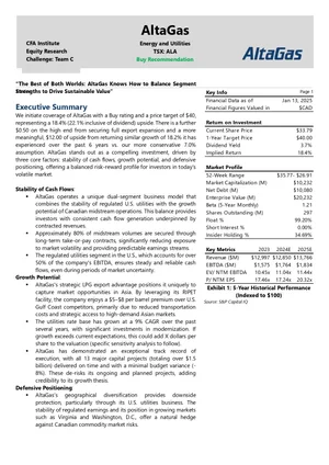 Financial report for AltaGas, an energy and utilities company, including executive summary, market profile, key metrics, and 5-year historical performance chart.