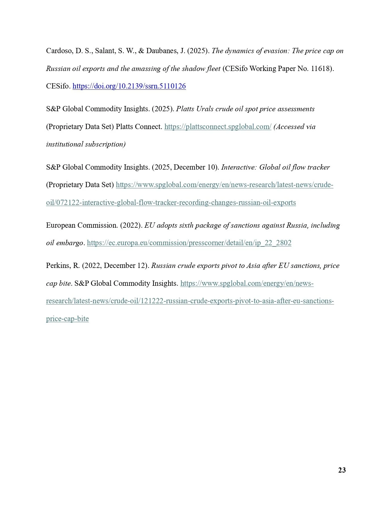 Page 23 of a document with references to articles about Russian oil exports, EU sanctions, and global oil flow tracking, including URLs and author names.