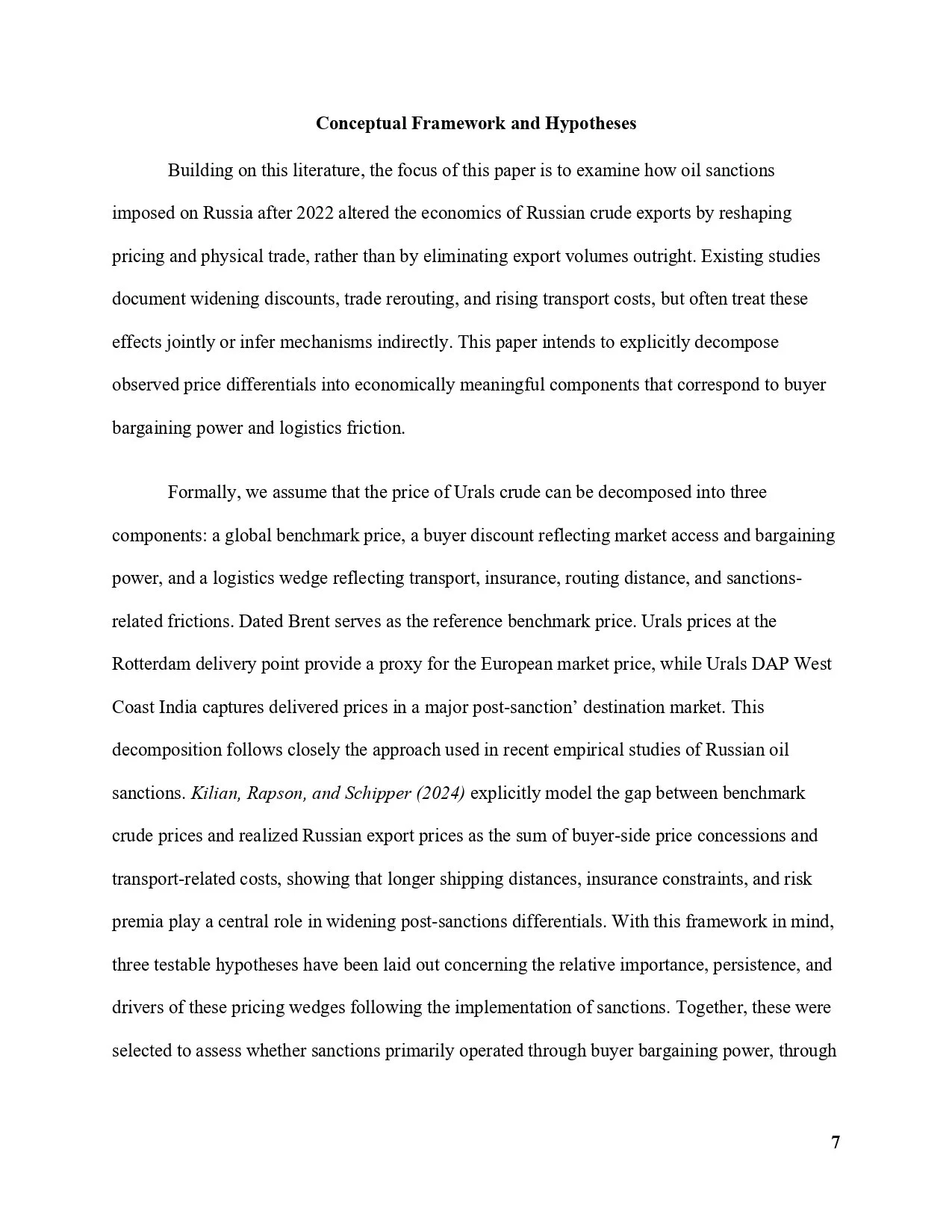 Page 7 of a research paper titled 'Conceptual Framework and Hypotheses' discussing oil sanctions impact on Russia's economy and oil pricing components.