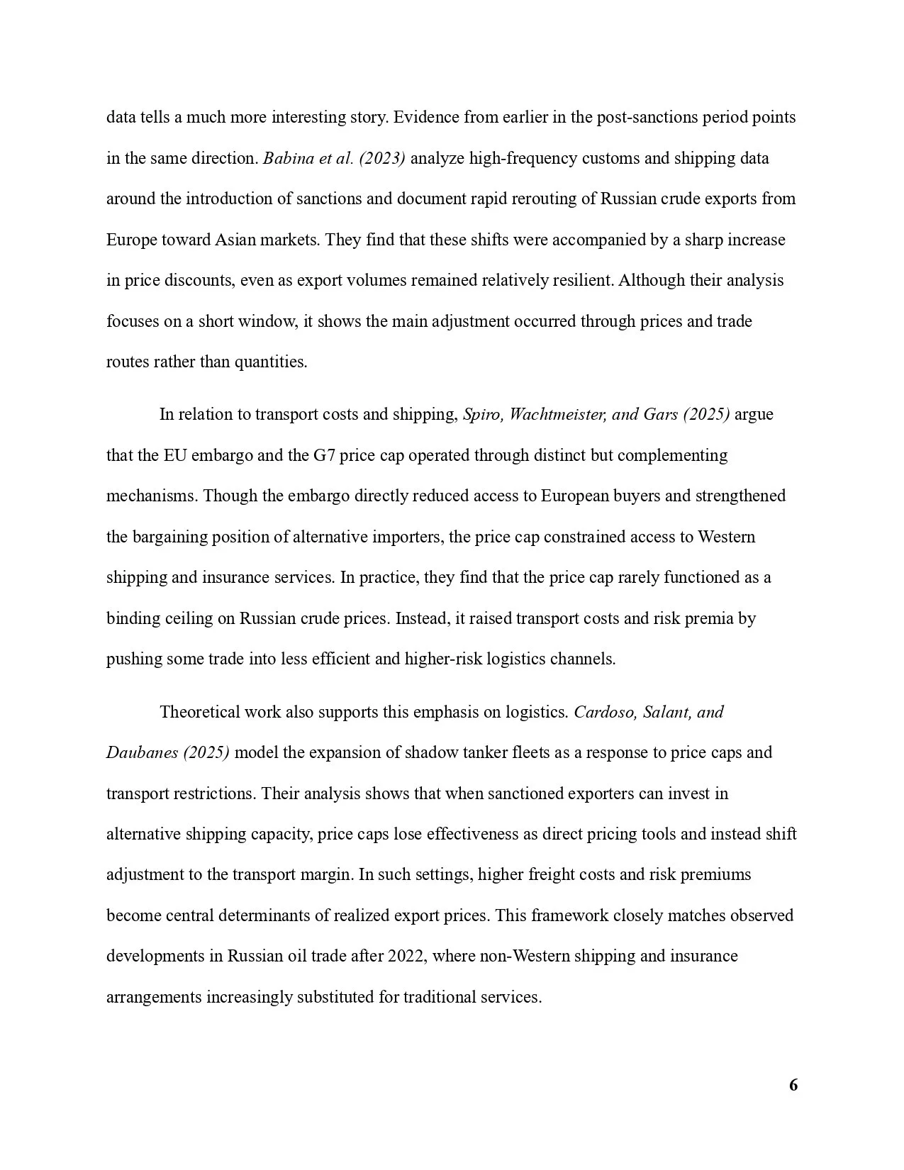 Page of a scientific or economic report with text discussing customs, shipping data, sanctions, Russian crude exports, EU embargo, G7 price cap, and logistics models.
