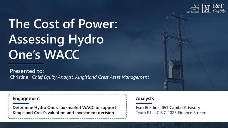 Presentation slide titled 'The Cost of Power: Assessing Hydro One's WACC' with a power line pole and dark sky background. Presented to Christina by Ivan and Edina of I&T Capital Advisory.