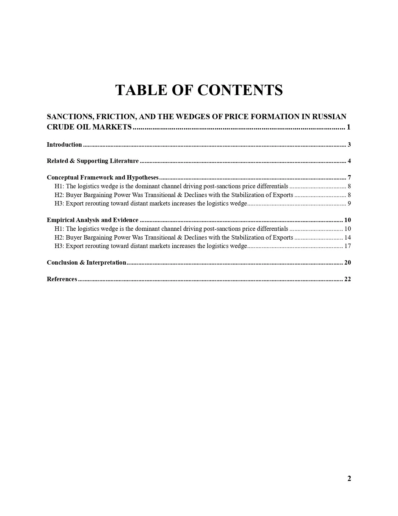 Table of contents page from a report or book with sections on sanctions, friction, price formation in Russian crude oil markets, including introduction, literature review, conceptual framework, empirical analysis, conclusion, and references.