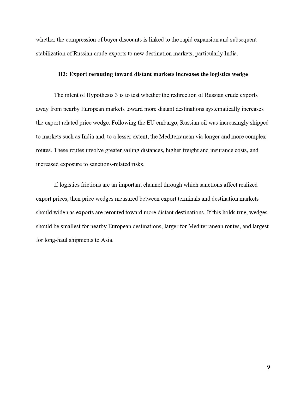 Text-heavy academic article discussing Russian crude oil exports, logistics, and export price relevance.