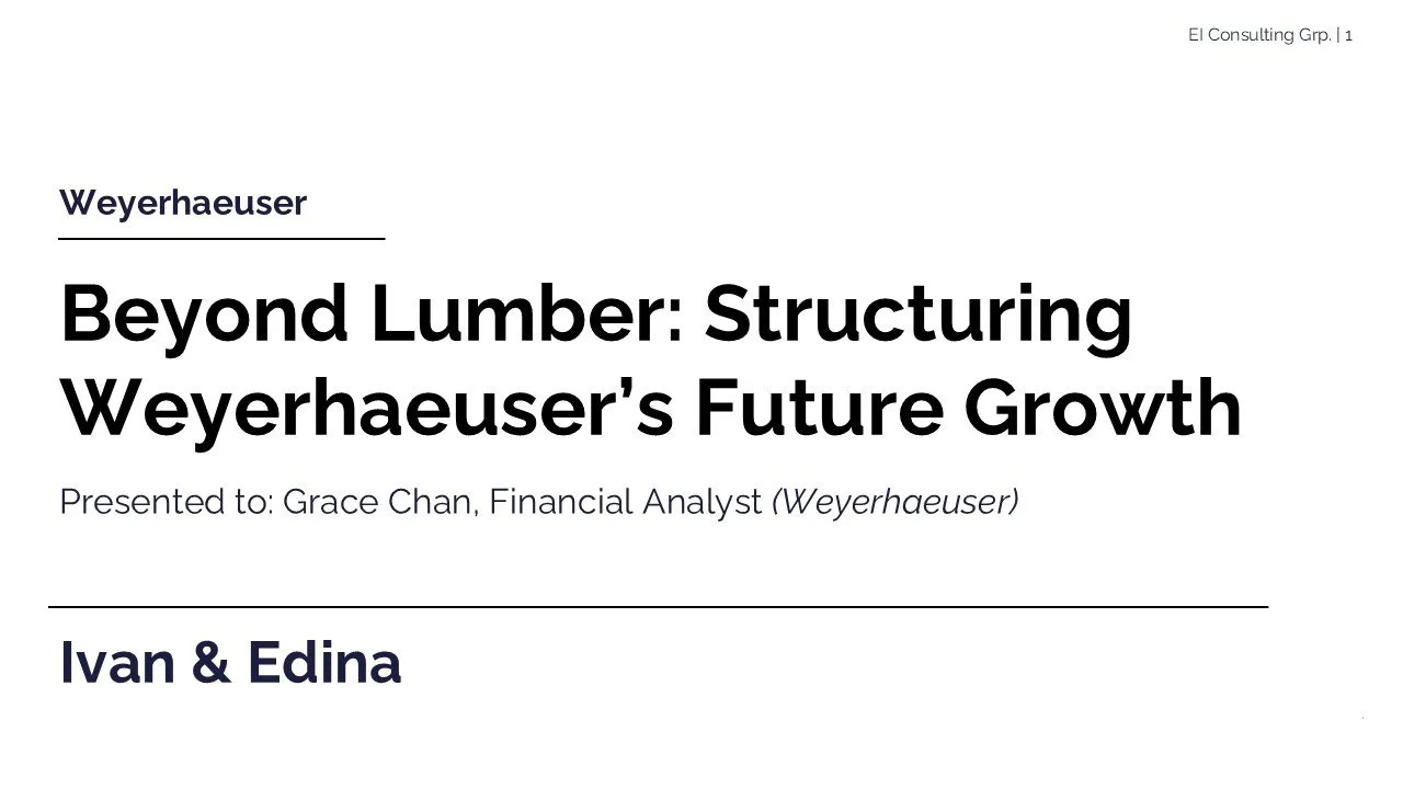 Title slide of a presentation titled "Beyond Lumber: Structuring Weyerhaeuser’s Future Growth" by Ivan & Edina, presented to Grace Chan, a financial analyst. The slide has a white background with black and blue text.