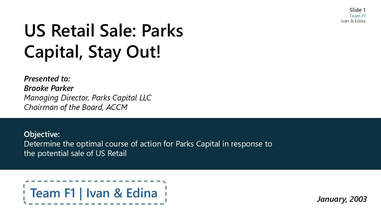 Title slide of a presentation titled 'US Retail Sale: Parks Capital, Stay Out!' by Team F1, Ivan & Edina, January 2003, with the subtitle 'Objective: Determine the optimal course of action for Parks Capital in response to the potential sale of US Ret